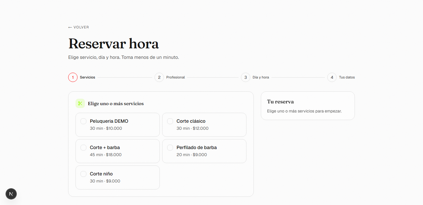 Página de reservas del sistema: elegir servicios, profesional, día y hora